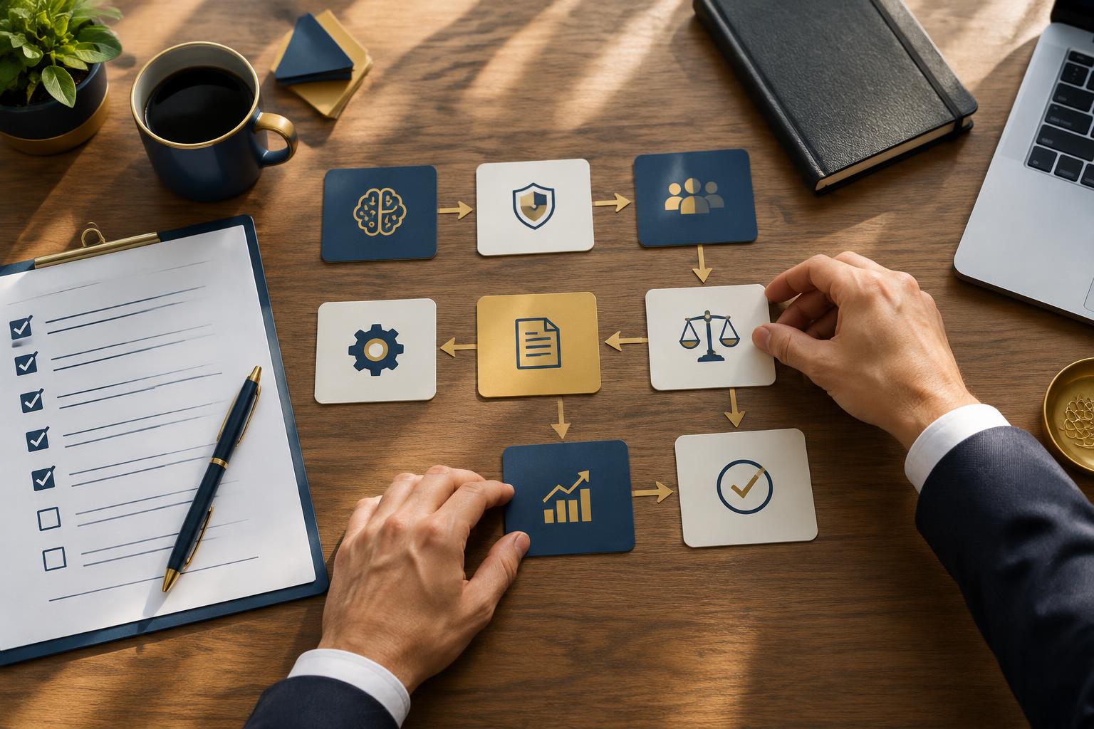 Illustration of hands arranging workflow cards beside a checklist