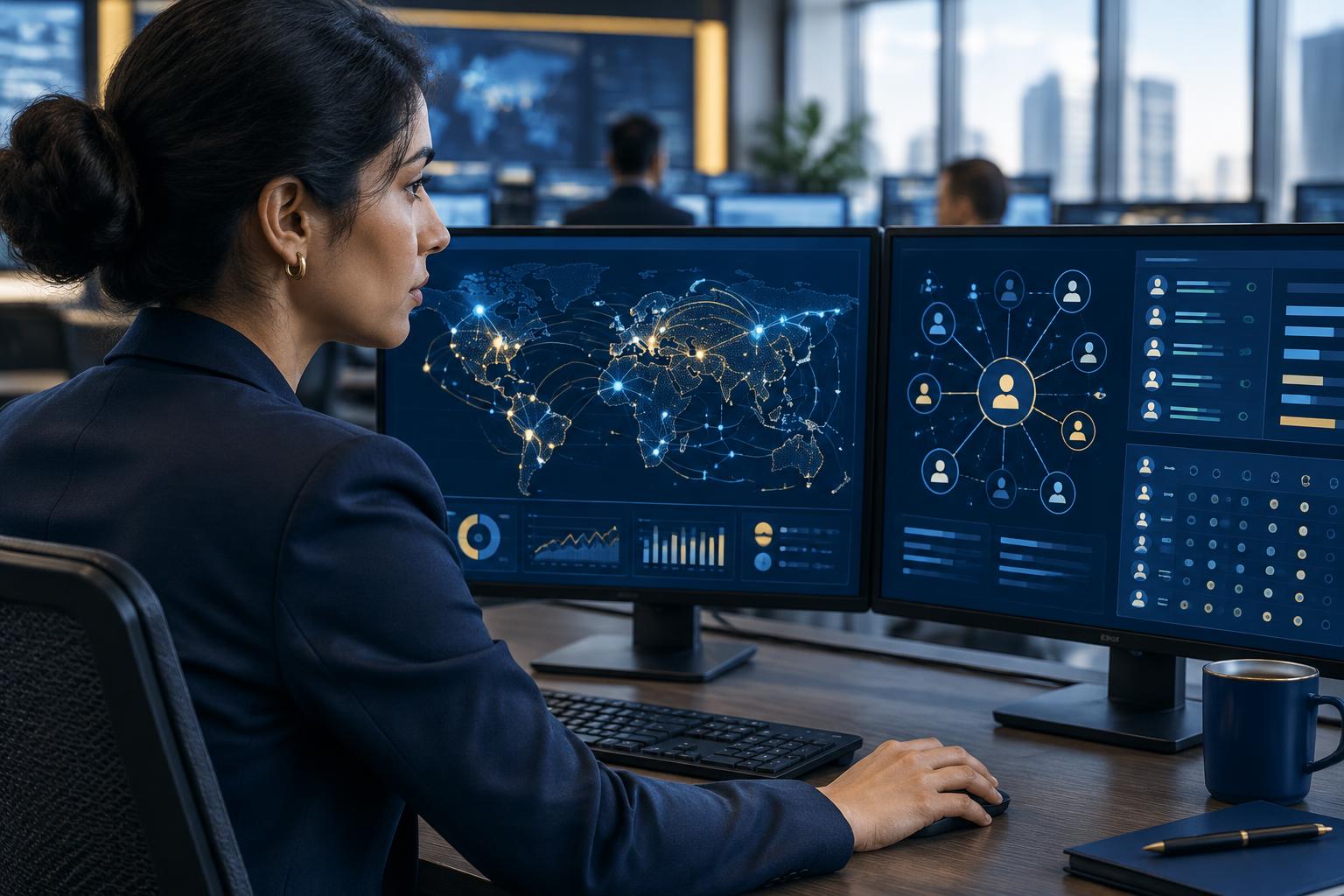 Illustration of a security analyst reviewing network and access displays