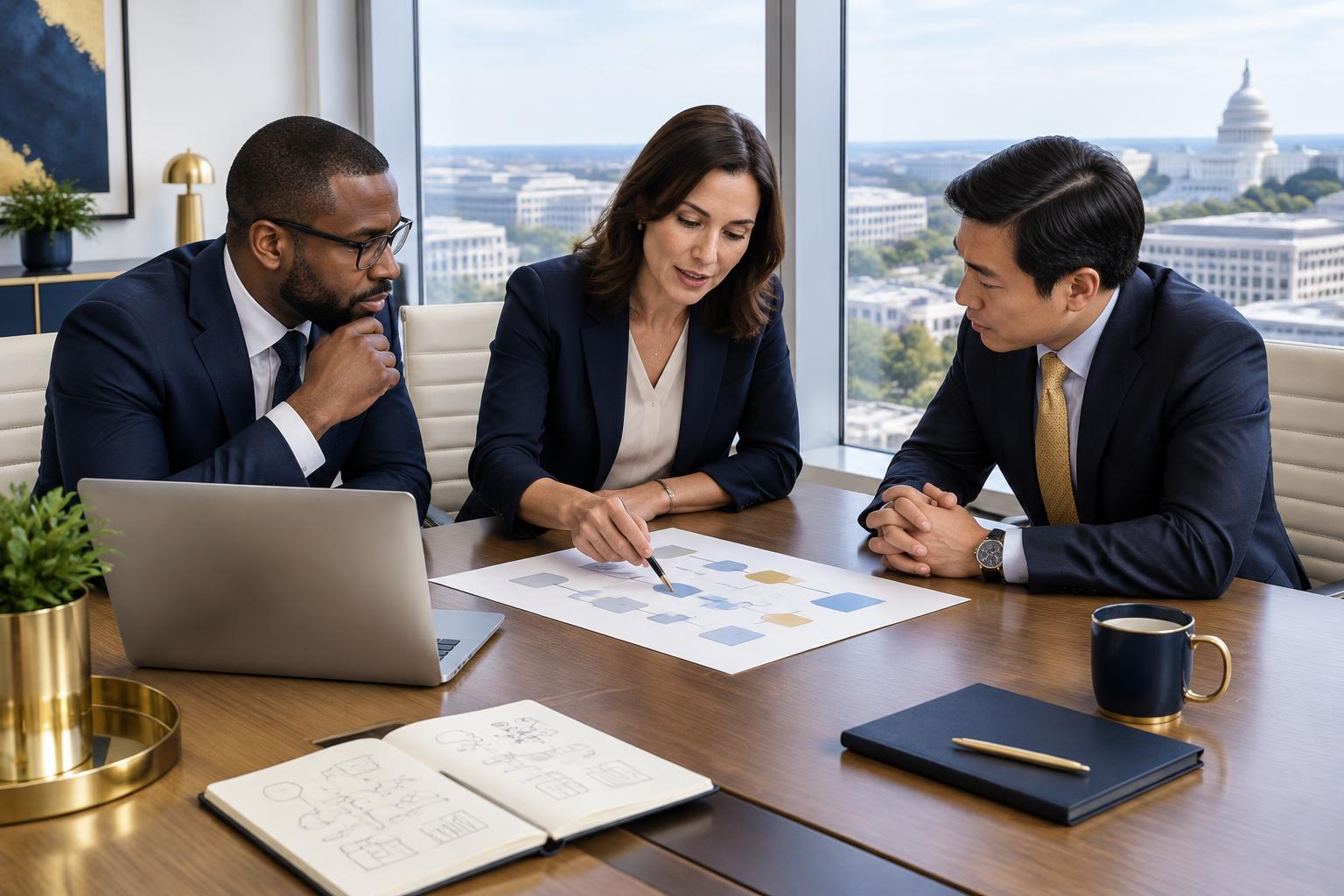 Illustration of executives reviewing a process map in a boardroom